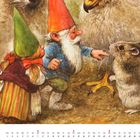 Text: "Februar". Zwei Wichtel, ein Hamster und ein Vogel in einer Illustration.