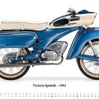 Victoria Sputnik – 1961. Ein blaues, retro aussehendes Motorrad mit beigem Sitz. Darunter ein Kalender für den Monat Februar.