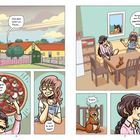 Dialoge über Pizza und eine Honigmelone. Ein Haus, Mädchen am Tisch, Eichhörnchen sagt "Quiek". Comic-Stil-Illustration.