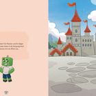 Text: "Darf ich vorstellen? Sir Paluten und Sir Edgar. Die beiden Freunde reisen in die Vergangenheit und probieren sich als Ritter aus."
Links: Eine grüne Cartoon-Figur mit Hemd und Hose. Rechts: Eine Burg mit roten Dächern und wehenden Fahnen im Comic-Stil.