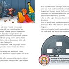 Texte: „AUFGABE: Schneide an den markierten Stellen drei Löcher in die Seite, um die richtige Kombination zu sehen!“  
Illustration: Ein Tresor, Figuren mit einem Affen, der auf Münzen zeigt.