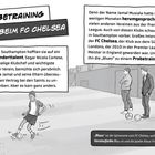 „Probetraining beim FC Chelsea.“ Zwei Textblöcke, ein Junge mit Fußball, drei Männer stehen am Rand eines Spielfelds.