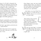 Seite 16 und 17 mit Textblöcken, Illustrationen: sprechende Vögel, ein Buch, ein fallender Hut. Dialoge und Erzähltexte.