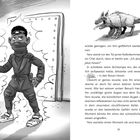 Ein Comic-Charakter, Yero, steht entschlossen vor einer Tür, umgeben von Text. Links ein Regal mit Flaschen, rechts ein Wolf.