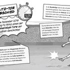 Ein Fußballspieler schießt einen Ball auf einem Feld. Stoppuhr zeigt 5,05 Sekunden, umrahmt von Texten über ein schnelles Tor.