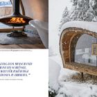 „Der Einklang von Mensch und Natur ist ein Schlüssel...“ Innen: Kamin, draußen: Schneebedecktes Sauna-Haus.