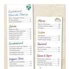 Speisekarte mit Gerichten aus verschiedenen Ländern, z.B. Italien, Mexiko, Indien. Verziert mit Illustrationen.