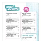 Rezeptübersicht mit Gerichtnamen und Seitenzahlen. Zusätzlich ein rosa Kreis mit "High Protein Rezepte!" und "Meal Prep Rezepte" darunter.