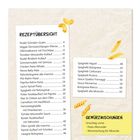 Rezeptübersicht mit Pasta-Gerichten und Seitenzahlen, sowie Gewürzmischungs-Hinweis auf gelbem Hintergrund. Illustrationen von Nudeln.