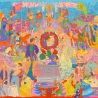 Farbenfrohe Illustration mit mittelalterlichen Szenen, Figuren in historischen Kostümen und einem zentralen Blumenmotiv.