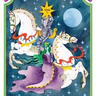 Illustration: Zwei Figuren auf weißen Pferden, eine mit Sternenkopf. Nachthimmel mit Mond und Sternen im Hintergrund.