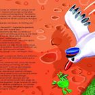 Text über ein Raumschiff auf dem Planeten Krax. Bunte Illustration zeigt einen weißen Vogel mit Mütze neben grüner Figur.