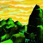 Jeden Morgen streicht der Wind über sie. Drei grüne Berge und ein Vogel im gelben Himmel; Eindruck von Frieden.