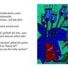Zwei Figuren, rot und grün, sitzen unter blauen Blumen und sprechen über Liebe. Die Blumen sind cartoonhaft illustriert.