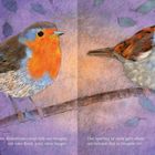 Links: "Das Rotkehlchen singt früh am Morgen, mit roter Brust, ganz ohne Sorgen." Rechts: "Der Sperling ist nicht gern allein, am liebsten lädt er Freunde ein." Zwei detaillierte Vogelillustrationen auf einem lila Hintergrund mit Blättern.