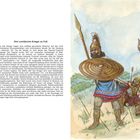 Titel: Drei urartäische Krieger zu Fuß. Drei Krieger in gemusterter Kleidung, ein Schild, Speere, naturreicher Hintergrund.