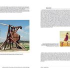 Links oben: Text zur Effizienz von Trebuchets und deren Einsatz durch die Mongolen. Rechts oben: "Naval warfare". Bildtext unten links: "Reconstructed trebuchet at the Chateau des Baux-de-Provence, France." Rechts unten: "Image of Greek fire..." Unten Seite 12: "Mechanical artillery..." Unten Seite 13: "Artillery – A global history." Enthält ein Foto eines Trebuchets und eine historische Illustration.