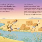 Zwei Bären stehen am Fluss. Im Hintergrund arbeiten Menschen in der Wüste, umgeben von Palmen und Pyramiden.