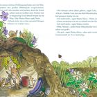 Zwei Textblöcke erzählen von Mäusen beim Höhlenputz. Illustration: Mäuse in einem gemütlichen Höhleninneren, Blumen und Insekten draußen.