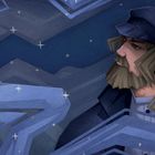 Eine Illustration zeigt einen bärtigen Mann mit Mütze, der Sterne und Eisberge ansieht.