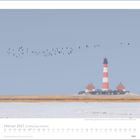 Februar 2027, Schleswig-Holstein. Ein rot-weiß gestreifter Leuchtturm, umgeben von fliegenden Vögeln über einer Küstenlandschaft.