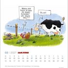 "Mensch, hier blüh'n ja schon die Schneeglöckchen! Was sagste dazu?!?" "Delikat." Huhn und Kuh auf Wiese, Kalender Februar 2027.
