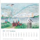 "02 | 2027 Nordlichter." Kartenausschnitt mit Möwen, Leuchtturm, Gebäuden und Gewässer. Kalender mit Februar-Daten.