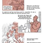 Ein Comic mit Text über Arthur Conan Doyle und Sherlock Holmes. Szenen zeigen Doyle beim Schreiben und Holmes im Kampf.