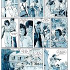 Comic-Szenen: Personen verstecken sich, ziehen sich um, klettern. Dialoge über Kleidung, Gefahr und Schüsse auf einem Dach.