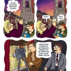 Comicstil: Personen trinken, lachen "Prost!", "Kille Kille", und beobachten andere beim Filmen. Text: "Stümper", "Tonne treten."