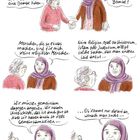 Illustration: Zwei Frauen im Dialog über Vorurteile und Gemeinsamkeiten. Eine Frau trägt ein Kopftuch, die andere hat graue Haare.