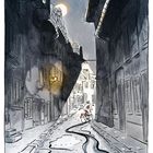 "Es ließ mir einfach keine Ruhe." Eine nächtliche Gasse mit einer Person auf einem Fahrrad im Lichtschein. Mond im Hintergrund.