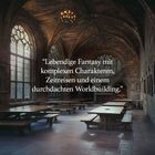 „Lebendige Fantasy mit komplexen Charakteren, Zeitreisen und durchdachtem Worldbuilding.“ Große Halle mit Fenstern.