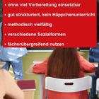 Text vor rotem Hintergrund, darunter Schülerin von hinten im Klassenzimmer.