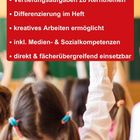 Roter Kasten mit Aufzählung von Vorteilen. Viele Kinder heben in einem Klassenzimmer die Hand.