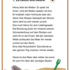 „1. Es zwickt und zwackt“: Geschichte über Henry und das Meer. Darunter Sand, Muscheln und eine grüne Sandschaufel.