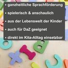 • Ganzheitliche Sprachförderung
• Spielerisch & anschaulich
• Aus der Lebenswelt der Kinder
• Auch für DaZ geeignet
• Direkt im Kita-Alltag einsetzbar

Darunter bunte Holzbuchstaben auf hellem Hintergrund.