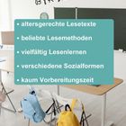Text: „Überblick BYK-Lesezeit“, mehrere Bulletpoints zu Lesetexten und Methoden. Schulklasse mit bunten Rucksäcken.