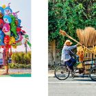 Links: Viele bunte Heliumballons mit Cartoon-Motiven, teils verdeckte Person. Rechts: Mann auf Fahrrad beladen mit Besen.