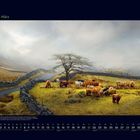 03 März. Eine Gruppe flauschiger Kühe steht auf einer grünen Wiese, umgeben von Steinmauern und einem kahlen Baum.