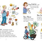 Stundenplan: Gartenarbeit. Illustration: Eine Frau und ein Junge arbeiten am Teich, umgeben von Bäumen und einem Zaun.