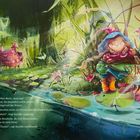 Text beschreibt Kamille, wie sie einen glitzernden Teich entdeckt. Bunte Illustration mit Frosch und schiefem Haus im Wald.