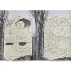 Keine erkennbaren Texte. Skizzenhafte Linien über Gebäudefassade, im Hintergrund kahle Bäume.