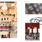 Texte: "HART", "HART BAGERI". Offenes Café-Interieur mit roten Akzenten, Pflanzen und Gebäckbildern.