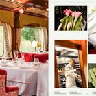 "The Eastern & Oriental Express" und "The Grand Salons". Elegantes Zugrestaurant mit gedecktem Tisch, Speisen und Küche.