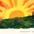 "When the universe was born, many billions of years ago, it created atoms. An atom is a teeny-tiny bit of stardust." Illustration eines farbenfrohen Sonnenaufgangs mit zwei spielenden Figuren auf einer Wiese.