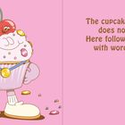 Text: "The cupcake stands and does nothin’ yet. Here follows a sentence with words and wit." Illustration: Ein Cupcake mit Gesicht, Medaille, Kirsche.