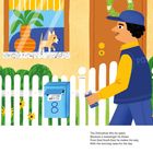 Ein Postbote in gelb-blauer Uniform, Chihuahua am Fenster, blauer Briefkasten mit Zahl 8, gelber Zaun.