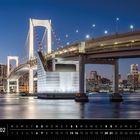 "Japan 02", ein Kalender für den Monat Februar. Nachtaufnahme der Rainbow Bridge in Odaiba, Tokio, mit beleuchteter Skyline.