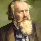 Johannes Brahms, 1833-1897. Unten eine Kalenderleiste. Ein Gemälde eines Mannes mit weißem Bart und Anzug.